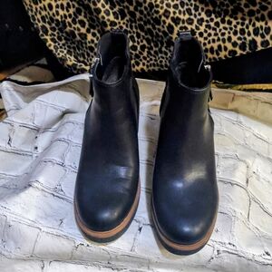 Dr Scholls Amber Leather Black Wedge Ankle Boots with Black W Brown Sole